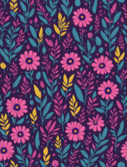 AI Generative illustration seamless decorative elegant pattern with pink purrple flower of pansy. Amazing seamless floral pattern on a dark blue background. Vintage antique watercolor style
