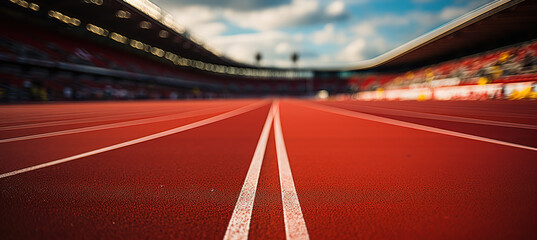 Close-up of a running track in a stadium with white striped markings. Generative AI