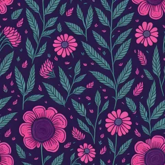 Badkamer foto achterwand AI Generative illustration seamless decorative elegant pattern with pink purrple flower of pansy. Amazing seamless floral pattern on a dark blue background. Vintage antique watercolor style  © vian