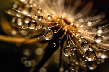Water drops on dandelion seed macro in nature in yellow and gold tones. Generative AI - obrazy, fototapety, plakaty