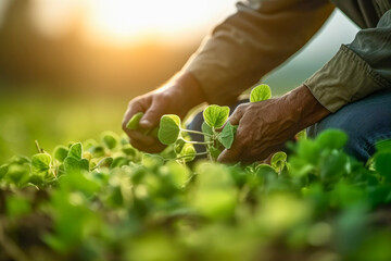 Close up of farmer examining soybean seedlings in background of the farm. Working concept of production and agriculture. - obrazy, fototapety, plakaty
