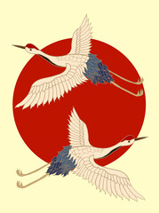 Crane and Japanese wave vector illustration for T-shirt.Traditional Chinese wave in circle.Beautiful line art of nature for printing on shirt.Asian art for doodle and painting on background.