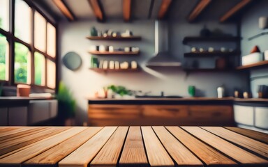 Blurred brown wooden table with empty kitchen utensil display.