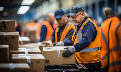 warehouse employees are seen in the midst of their tasks, swiftly moving and organizing shipment boxes