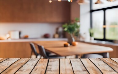 Blurred brown wooden table with empty kitchen utensil display.