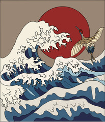 Crane and Japanese wave vector illustration for T-shirt.Traditional Chinese wave and sunrise.Beautiful line art of nature for printing on shirt.Asian art for doodle and painting on background.