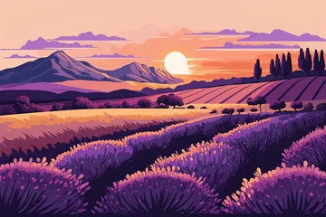 Wall murals pruning Lavender field on hills, nature landscape background. Purple floral plants blooming on meadow. Blossomed violet lavanders, countryside panorama scenery, wild gentle flora. 