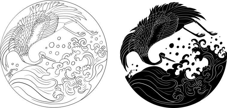 recommend clip art: Crane and Japanese wave vector illustration for T-shirt.Traditional Chinese wave in circle.Beautiful line art of nature for printing on shirt.Asian art for doodle and painting on background.