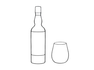 ウイスキーボトルとグラスのシンプルな線画イラストセット