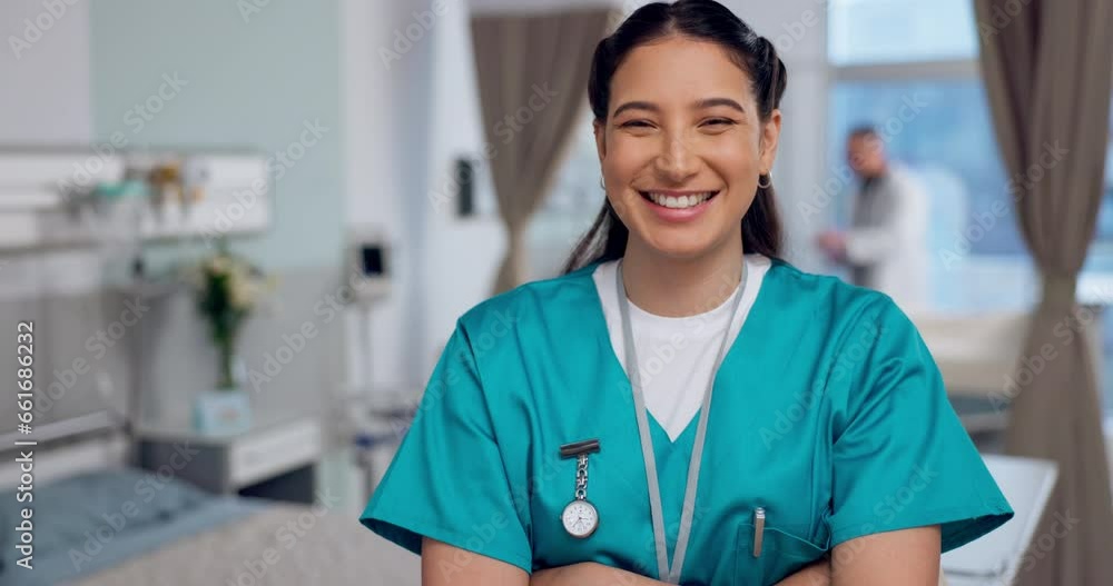 Wall mural Nurse, face and woman in healthcare, arms crossed with confidence at hospital with pride and help, caregiver and smile. Medical professional, trust and happy at clinic, expert in portrait with health