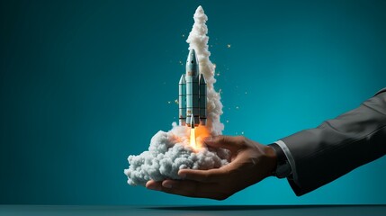 rocket launching from network connection, Business start up marketing Entrepreneurship Idea, and Online Digital Business. network connection on the interface Marketing, Technology, and Success.