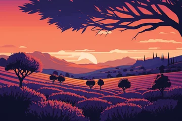 Schilderijen op glas vivid purple blooming lavender field in summer at sun. Calm landscape with mountains, floating clouds and flying birds in sky.  © Anastasiia