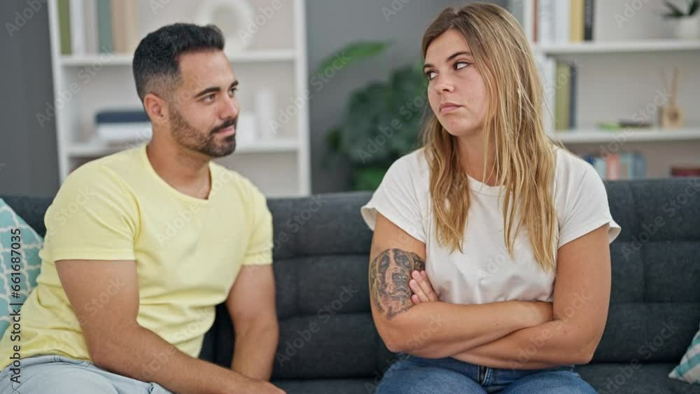 Sticker man and woman couple sitting on sofa with problems reconciling at home