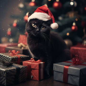 Cute black cat in santa hat sitting near christmas tree