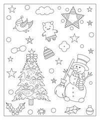 Coloring page of a decorated Christmas tree, shanta claus, ball, bell, snowman and gifts. Vector black and white illustration on white background.