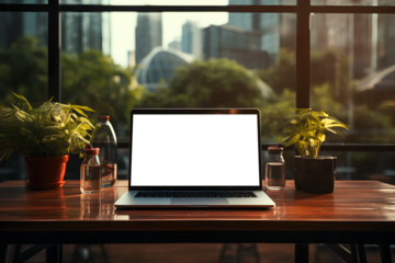 Laptop on wood table screen mockup front view