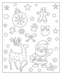 Coloring page of a decorated Christmas tree, shanta claus, ball, bell, snowman and gifts. Vector black and white illustration on white background.