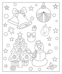 Fototapeta na wymiar Coloring page of a decorated Christmas tree, shanta claus, ball, bell, snowman and gifts. Vector black and white illustration on white background.