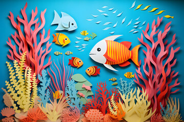 Naklejka premium Children paper cut of supermarket, village, tree, red, child, illustration, marine life, forest, dear, festival, bunny