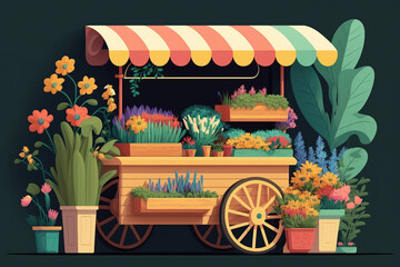 Fototapeta premium Trade tent with beautiful flowers in pots illustration. Market stalls with flowers