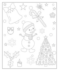 Coloring page of a decorated Christmas tree, shanta claus, ball, bell, snowman and gifts. Vector black and white illustration on white background.