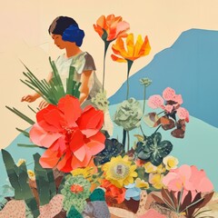 Torn Paper Collage, flowers, garden scene, floral, person gardening, country house, little world, pastel colours, dreamy imagined world