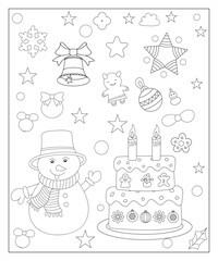 Coloring page of a decorated Christmas tree, shanta claus, ball, bell, snowman and gifts. Vector black and white illustration on white background.