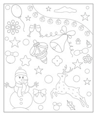 Coloring page of a decorated Christmas tree, shanta claus, ball, bell, snowman and gifts. Vector black and white illustration on white background.
