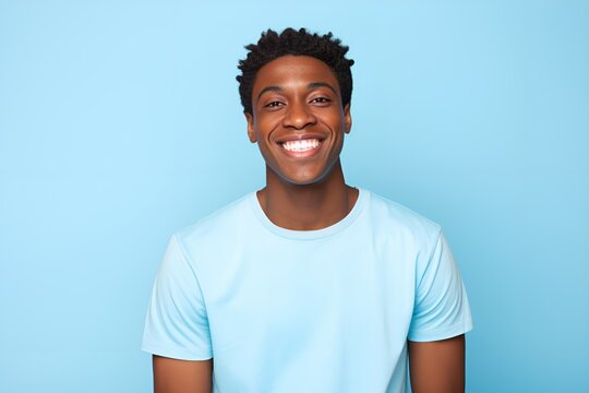 Portrait of a Happy Fictional Handsome Black Male Model Smiling Candidly. Isolated on a Plain Colored Background. Generative AI. 
