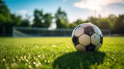 Soccer ball nestled into the net, symbolizing victory on a lush green field