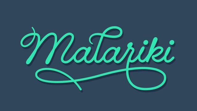 NZ Matariki Maori New Year animated title, handrawn script rounded stroke, teal, blue, green, 
