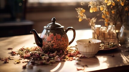 Vintage teapot beside scattered tea on a sunlit tabletop - obrazy, fototapety, plakaty