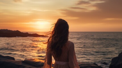 Fototapeta premium Hopeful woman, lost in the serenity of a seaside sunset