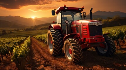 A crimson tractor amidst vine fields
