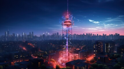 Towering 5G antenna dominating the skyline, the heartbeat of global connectivity - obrazy, fototapety, plakaty