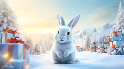 The Snowy Adventures of a Christmas Bunny in a New Year's Wonderland background generative ai