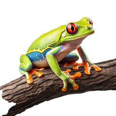 Red eyed tree frog on a branch, isolated on white background
