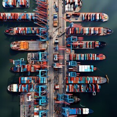  large container terminals and ports busy with international trade, commerce, industry, logistics and transportation, view from above - obrazy, fototapety, plakaty