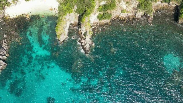 Aerial drone of coast with beach and coral reef in the tropics. Apo Island. Negros, Philippines.