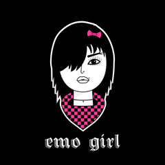 Emo girl with bandana and bow with side bangs. Gothic aesthetic in y2k, 90s, 00s and 2000s style. Emo Goth tattoo sticker on black background. Vector art  illustration