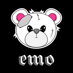 Wrong and Raped Teddy Bear. Inscription Emo. Gothic aesthetic in y2k, 90s, 00s and 2000s style. Emo Goth tattoo sticker on black background. Vector art illustration