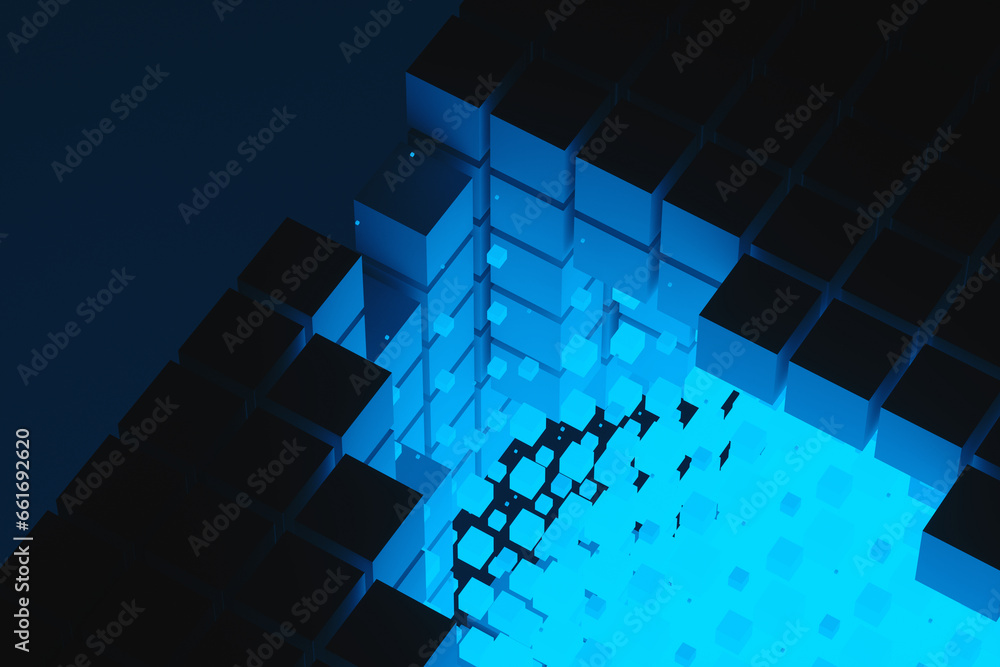 Aufkleber abstract background of blue neon cyber cubes at night in the room. artificial intelligence pixels ab