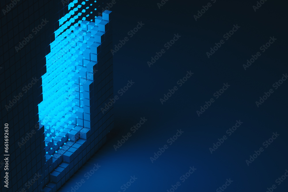 Poster abstract background of blue neon cyber cubes at night in the room. artificial intelligence pixels ab