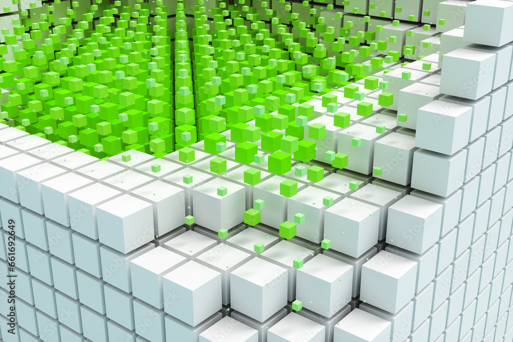 Poster abstract background from neon cyber cubes. artificial intelligence pixels abstract background. 3d re