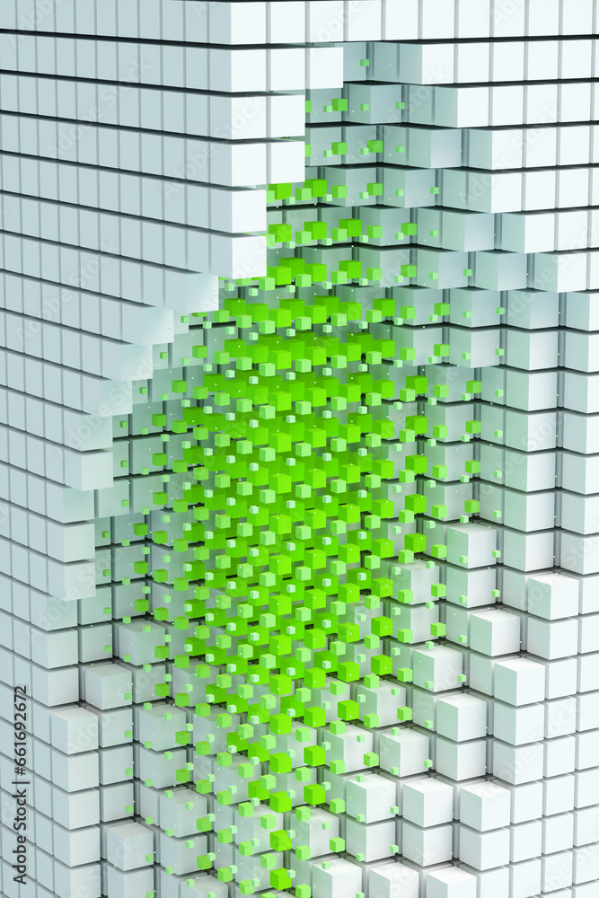 Poster abstract background from neon cyber cubes. artificial intelligence pixels abstract background. 3d re