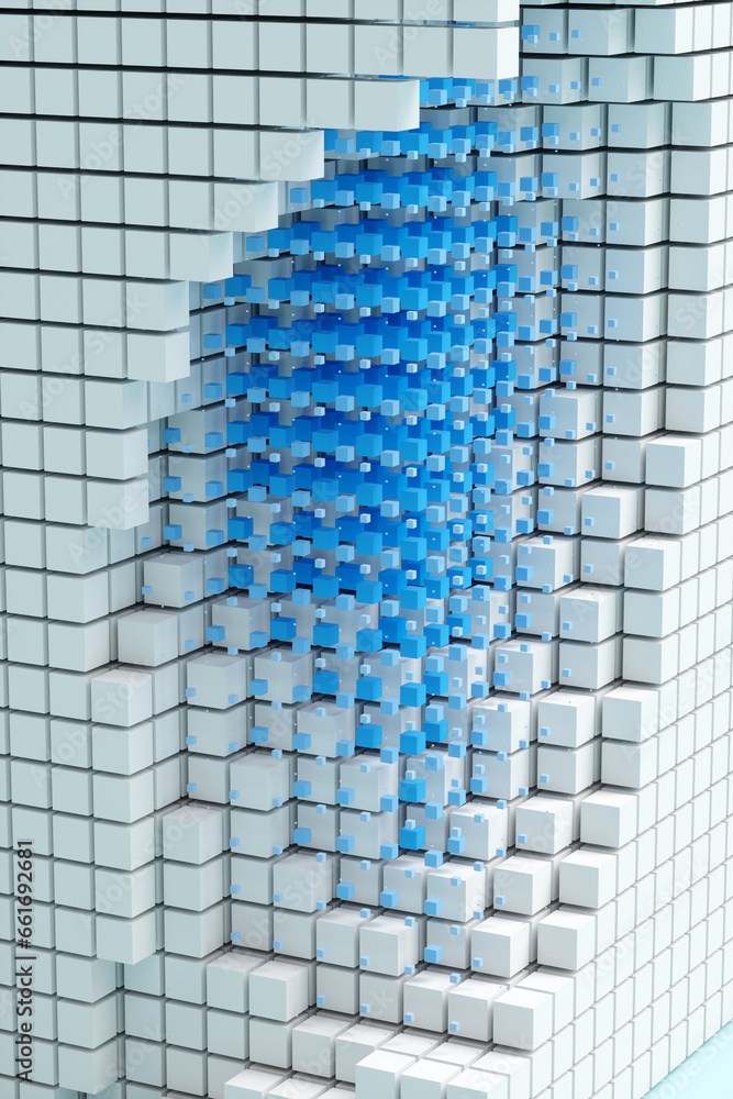 Poster abstract background from neon cyber cubes. artificial intelligence pixels abstract background. 3d re