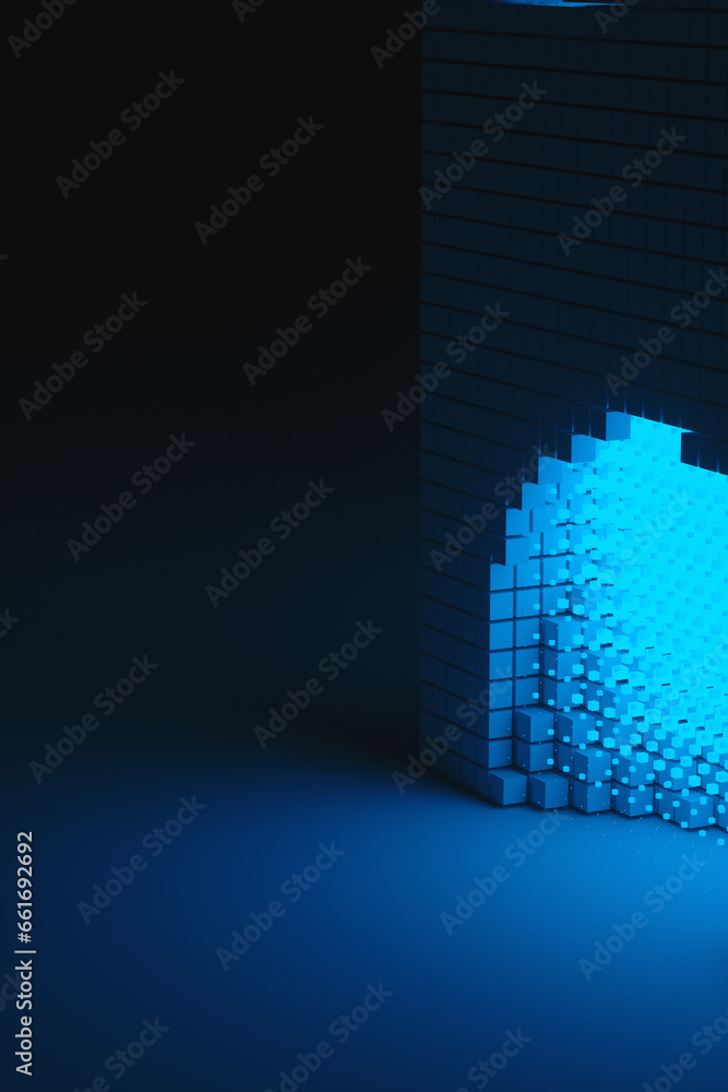 Aufkleber abstract background of blue neon cyber cubes at night in the room. artificial intelligence pixels ab