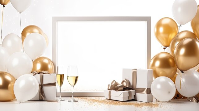 Luxury frame with gift box and balloon on the white background AI Generative