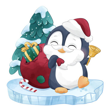 Cute Christmas penguin with Santa bag watercolor illustration