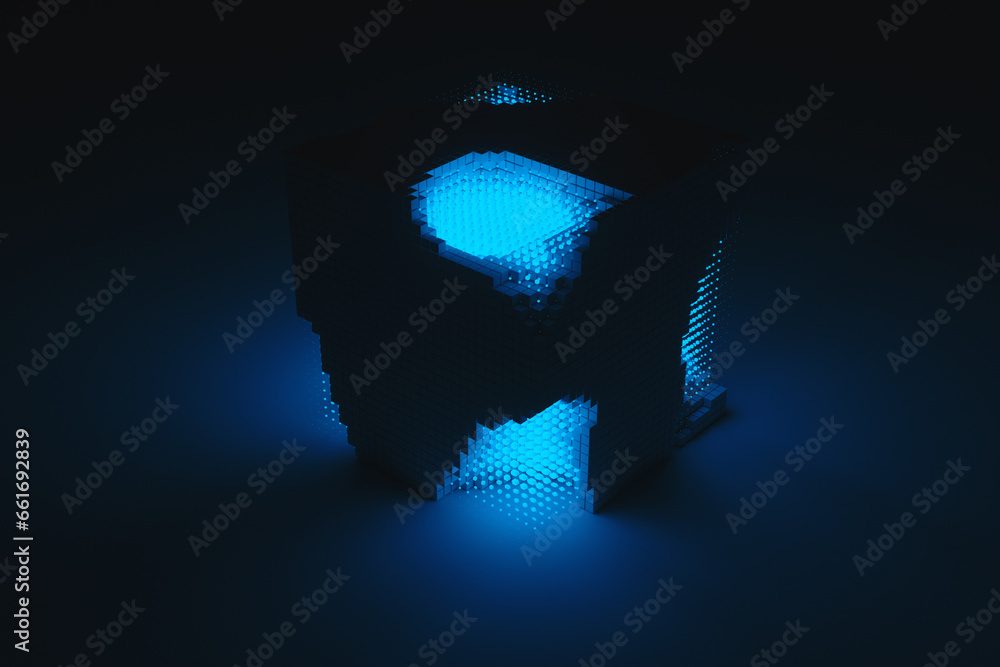 Poster abstract background of blue neon cyber cubes at night in the room. artificial intelligence pixels ab